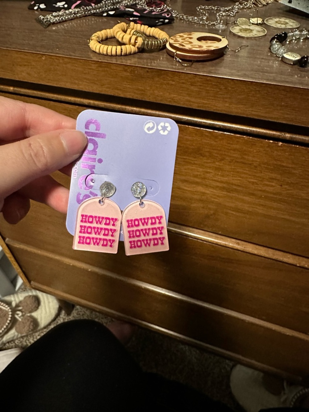 Claire's Pink 'Howdy' dangle earrings